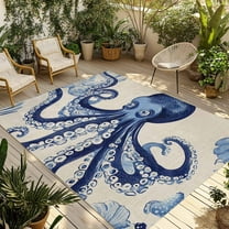 Fsddascl Navy Blue Octopus Coastal Outdoor Rug for Patio/Deck/Porch, Non-Slip Large Area Rug 4 x 6 Ft, Nautical Summer Beach Rustic Indoor Outdoor Rugs Washable Area Rugs, Camping Rug Carpet