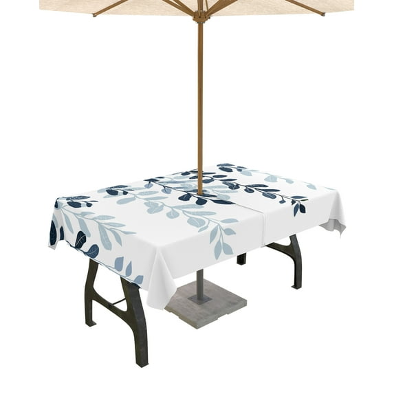 Fsddascl Navy Blue Ombre Botanical Outdoor Tablecloth - 60x84 Inch Rectangle Dining Table Cover, Watercolor Pastoral Leaf Waterproof Outdoor Table Cloth with Umbrella Hole & Zipper for Picnic/Patio