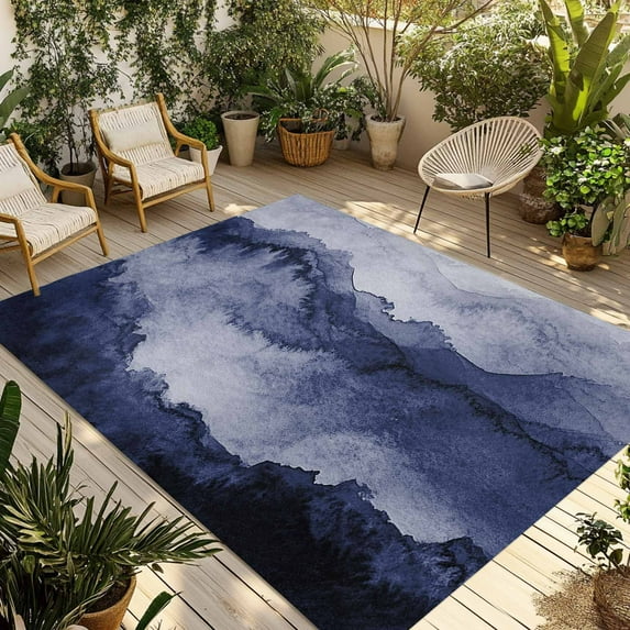Fsddascl Navy Blue Ombre Mountain Outdoor Rug for Patio/Deck/Porch, Non-Slip Large Area Rug 5 x 8 Ft, Nature Abstract Art Marble Indoor Outdoor Rugs Washable Area Rugs, Reversible Camping Rug Carpet