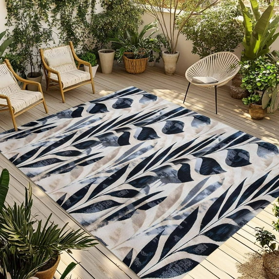 Fsddascl Navy Blue Palm Leaf Outdoor Rug for Patio/Deck/Porch, Non-Slip Large Area Rug 4 x 6 Ft, Vintage Botanical Tropical Leaves Indoor Outdoor Rugs Washable Area Rugs, Camping Rug Carpet