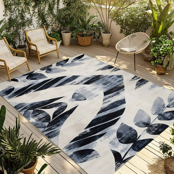 Fsddascl Navy Blue Palm Leaves Outdoor Rug for Patio/Deck/Porch, Non-Slip Large Area Rug 5 x 8 Ft, Retro Tropical Botanical Indoor Outdoor Rugs Washable Area Rugs, Reversible Camping Rug Carpet