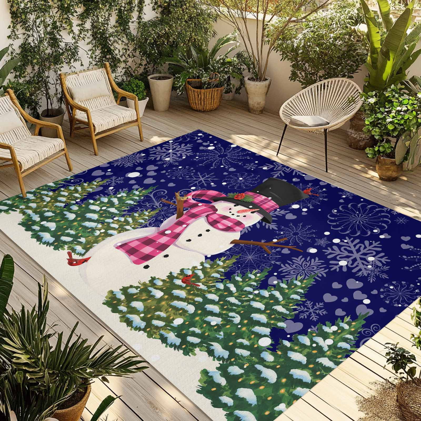Fsddascl Navy Blue Snowman Christmas Outdoor Rug for Patio/Deck/Porch, Non-Slip Large Area Rug 4 x 6 Ft, Green Xmas Tree Snowflake Indoor Outdoor Rugs Washable Area Rugs, Camping Rug Carpet Runner