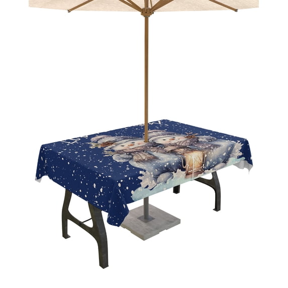 Fsddascl Navy Blue Snowman Christmas Outdoor Tablecloth - 60x120 Inch Rectangle Dining Table Cover, Watercolor Xmas Snowflake Waterproof Outdoor Table Cloth with Umbrella Hole & Zipper for Patio
