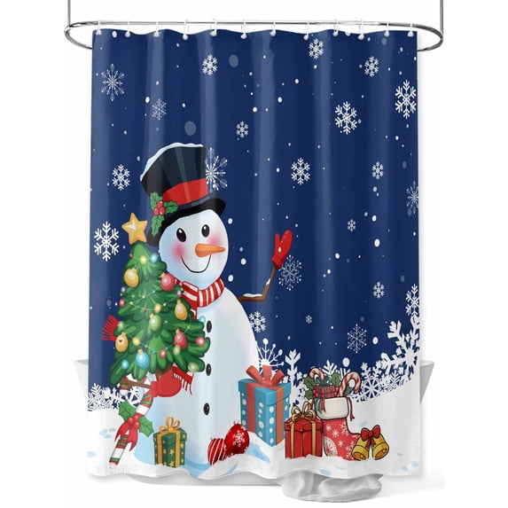 Fsddascl Navy Blue Snowman Christmas Shower Curtain Set - Long 72" x 84" Washable Bathtub Curtain with 12 Hooks, Xmas Tree Snowflake Balls Gifts Waterproof Fabric Stall Shower Curtains for Bathroom