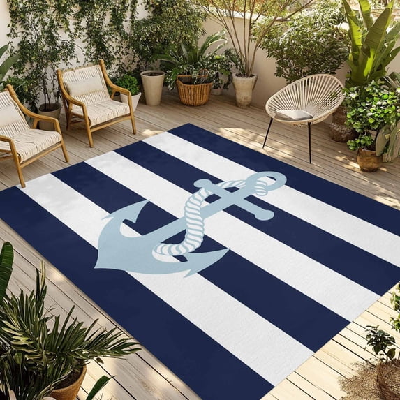 Fsddascl Navy Blue Stripe Nautical Outdoor Rug for Patio/Deck/Porch, Non-Slip Large Area Rug 5 x 8 Ft, Aqua Anchor Summer Coastal Indoor Outdoor Rugs Washable Area Rugs, Camping Rug Carpet