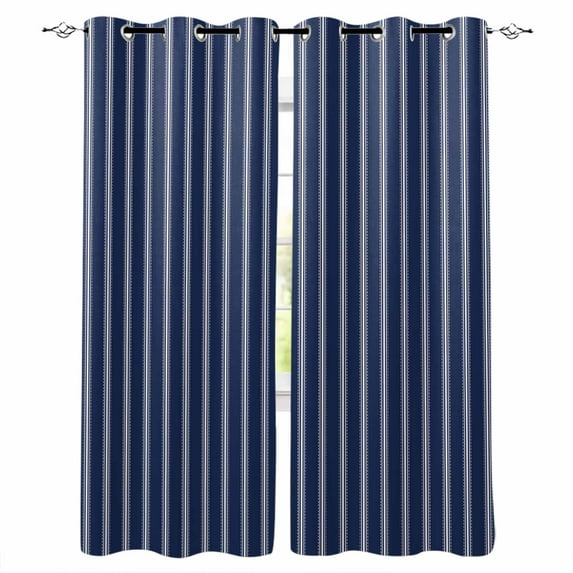 Fsddascl Navy Blue Striped Blackout Curtains for Bedroom/Living Room, Thermal Insulated Kitchen Curtains, Navy Blue White Farmhouse Stripes Grommet Darkening Window Treatment Drapes 42"x45"x2
