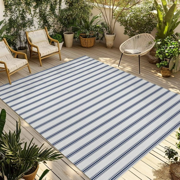 Fsddascl Navy Blue Striped Outdoor Rug for Patio/Deck/Porch, Non-Slip Large Area Rug 6 x 9 Ft, Navy Blue White Stripes Farmhouse Indoor Outdoor Rugs Washable Area Rugs, Reversible Camping Rug Carpet