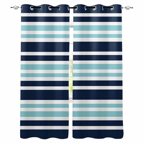 Fsddascl Navy Blue Turquoise Striped Blackout Curtains for Bedroom/Living Room, Thermal Insulated Kitchen Curtains, Gradient Horizontal Lines Grommet Darkening Window Treatment Drapes 52"x72"x2