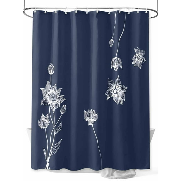 Fsddascl Navy Blue White Floral Shower Curtain Set - 48" x 72" Washable Bathtub Curtain with 12 Hooks, Abstract Art Summer Botanical Waterproof Fabric Stall Shower Curtains for Bathroom/Bathtub