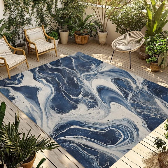 Fsddascl Navy Blue White Outdoor Rug for Patio/Deck/Porch, Non-Slip Large Area Rug 5 x 8 Ft, Marble Texture Abstract Art Indoor Outdoor Rugs Washable Area Rugs, Reversible Camping Rug Carpet Runner