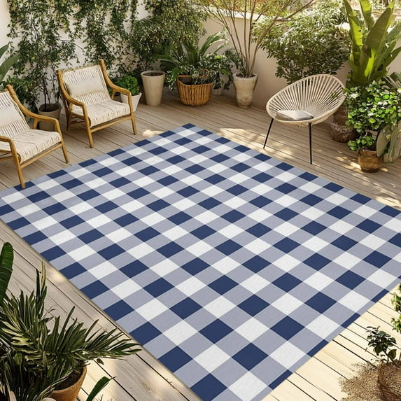Fsddascl Navy Blue White Plaid Outdoor Rug for Patio/Deck/Porch, Non-Slip Large Area Rug 6 x 9 Ft, Farmhouse Checkered Buffalo Indoor Outdoor Rugs Washable Area Rugs, Reversible Camping Rug Carpet
