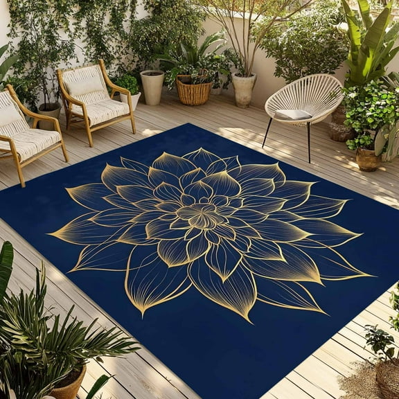 Fsddascl Navy Blue Yellow Spring Floral Outdoor Rug for Patio/Deck/Porch, Non-Slip Large Area Rug 4 x 6 Ft, Abstract Blossoms Botanical Indoor Outdoor Rugs Washable Area Rugs, Camping Rug Carpet