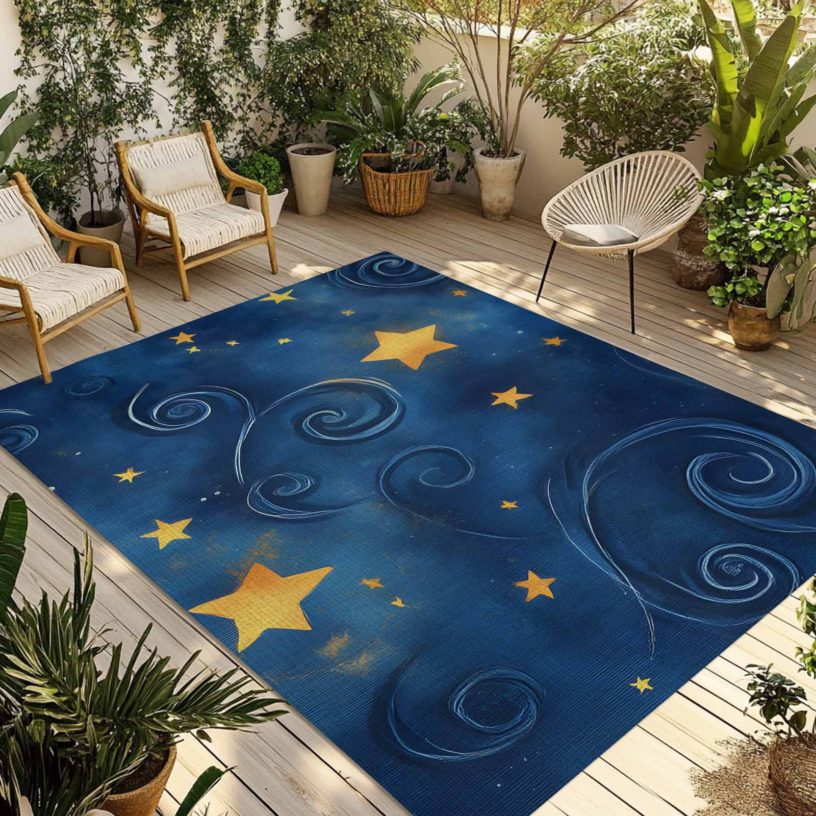 Fsddascl Navy Blue Yellow Star Outdoor Rug for Patio/Deck/Porch, Non