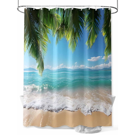 Fsddascl Ocean Beach Shower Curtain Set - 72" x 78" Washable Bathtub Curtain with 12 Hooks, Palm Trees Summer Tropical Island Seaside Waterproof Fabric Stall Shower Curtains for Bathroom/Bathtub