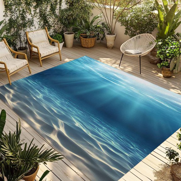 Fsddascl Ocean Blue Outdoor Rug for Patio/Deck/Porch, Non-Slip Large Area Rug 4 x 6 Ft, Underwater Sun Light Coastal Sea Scenery Indoor Outdoor Rugs Washable Area Rugs, Reversible Camping Rug Carpet