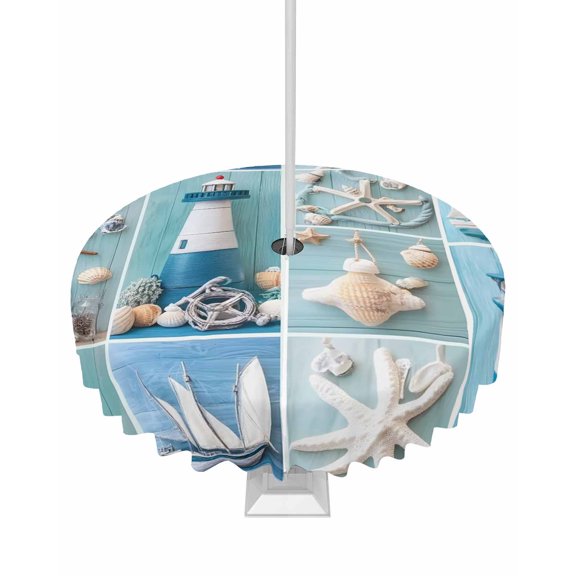 Fsddascl Ocean Coastal Outdoor Tablecloth - 54 Inch Round Dining Table Cover, Nautical Starfish Lighthouse Anchor Ship Waterproof Outdoor Table Cloth with Umbrella Hole & Zipper for Picnic/Patio