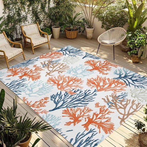 Fsddascl Ocean Coral Outdoor Rug for Patio/Deck/Porch, Non-Slip Large Area Rug 5 x 8 Ft, Gradient Orange Blue Brown Sage Green Aqua Indoor Outdoor Rugs Washable Area Rugs, Camping Rug Carpet
