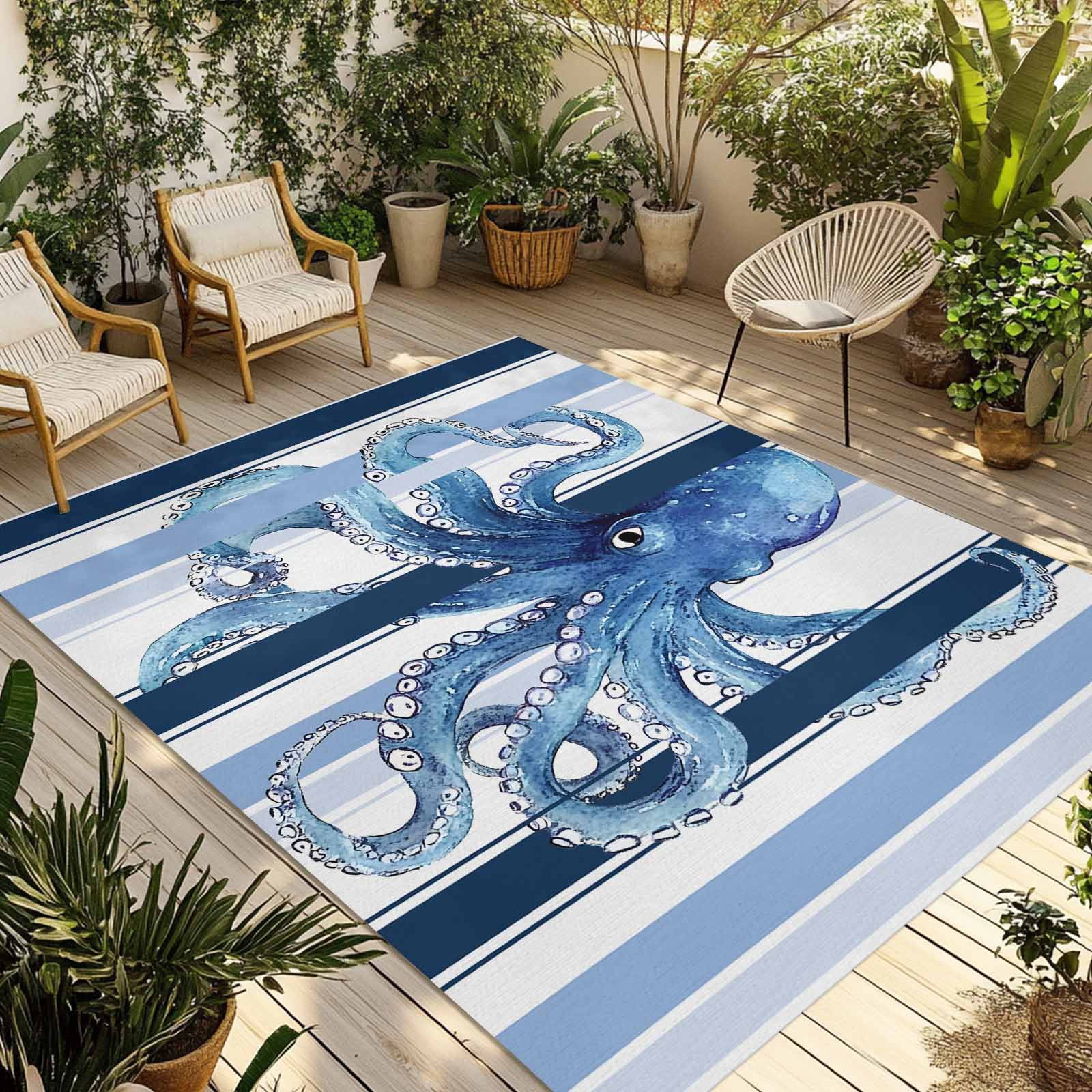Fsddascl Ocean Octopus Outdoor Rug for Patio/Deck/Porch, Non-Slip Large Area Rug 4 x 6 Ft, Watercolor Navy Blue Aqua Stripe Modern Indoor Outdoor Rugs Washable Area Rugs, Camping Rug Carpet