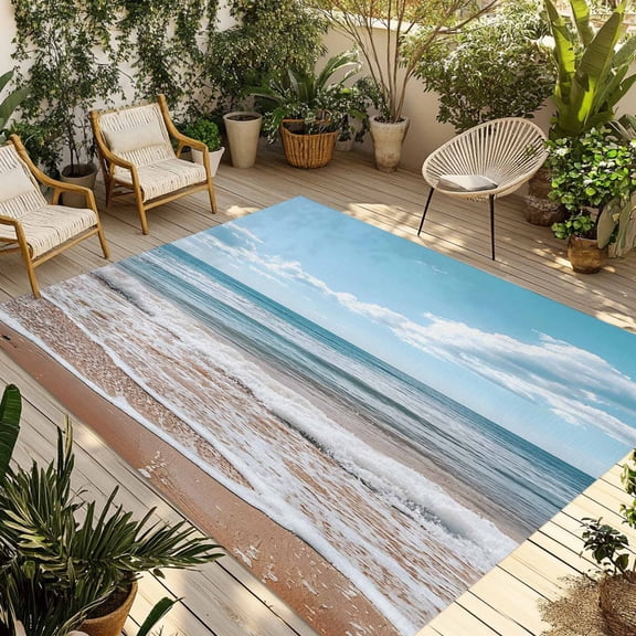 Fsddascl Ocean Outdoor Rug for Patio/Deck/Porch, Non-Slip Large Area Rug 4 x 6 Ft, Summer Sandy Beach Blue Sky Coastal Waves Indoor Outdoor Rugs Washable Area Rugs, Reversible Camping Rug Carpet