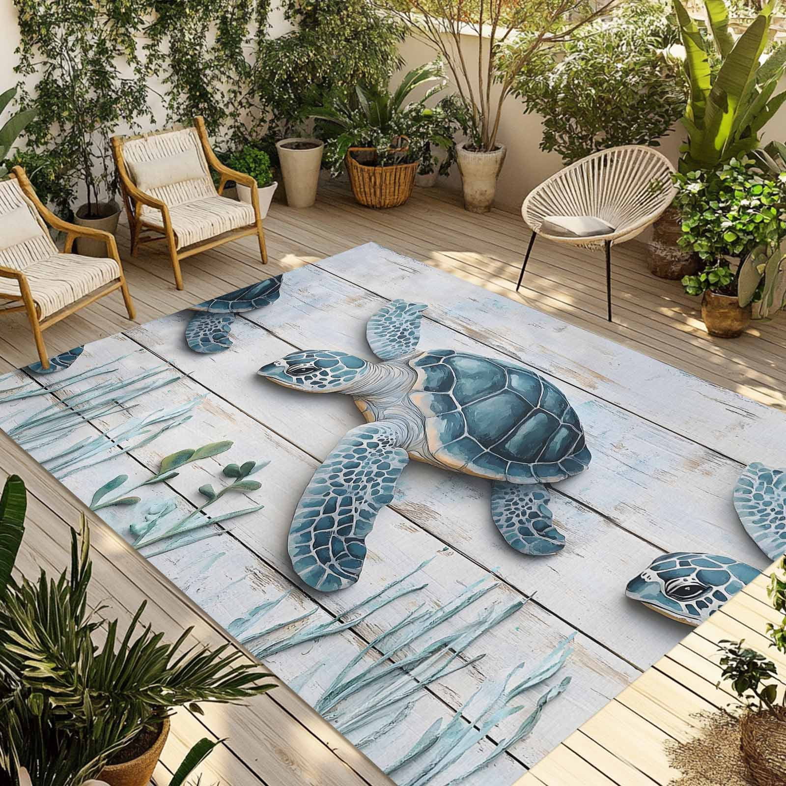 Turtle Outdoor Rug Fsddascl Ocean Sea Turtle Blue Outdoor Rug for Patio/Deck/Porch, Non ...