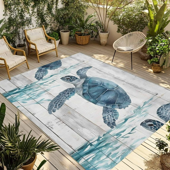 Fsddascl Ocean Sea Turtle Outdoor Rug for Patio/Deck/Porch, Non-Slip Large Area Rug 4 x 6 Ft, Summer Coastal Seaweed Vintage Wood Grain Indoor Outdoor Rugs Washable Area Rugs, Camping Rug Carpet