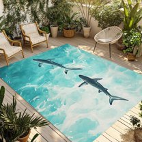 Fsddascl Ocean Shark Outdoor Rug for Patio/Deck/Porch, Non-Slip Large Area Rug 6 x 9 Ft, Teal Green Wave Summer Beach Coastal Indoor Outdoor Rugs Washable Area Rugs, Reversible Camping Rug Carpet