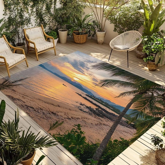 Fsddascl Ocean Sunset Outdoor Rug for Patio/Deck/Porch, Non-Slip Large Area Rug 4 x 6 Ft, Summer Palm Tree Shore Sand Mountain Indoor Outdoor Rugs Washable Area Rugs, Reversible Camping Rug Carpet