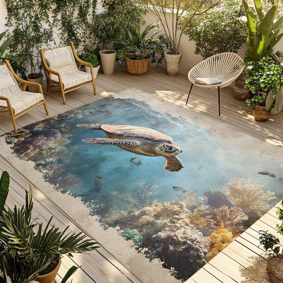 Fsddascl Ocean Turtle Outdoor Rug for Patio/Deck/Porch, Non-Slip Large Area Rug 4 x 6 Ft, Retro Coral Reef Illustration Coastal Indoor Outdoor Rugs Washable Area Rugs, Reversible Camping Rug Carpet