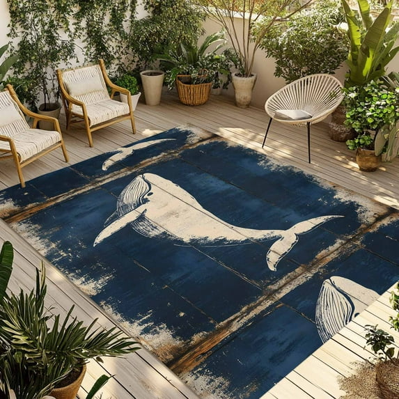 Fsddascl Ocean Whale Blue Outdoor Rug for Patio/Deck/Porch, Non-Slip Large Area Rug 4 x 6 Ft, Summer Coastal Vintage Wood Grain Indoor Outdoor Rugs Washable Area Rugs, Reversible Camping Rug Carpet