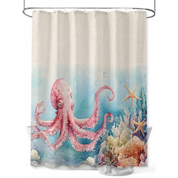 Fsddascl Octopus Shower Curtain Set - Small 36" x 72" Washable Bathtub Curtain with 12 Hooks, Ocean Coastal Starfish Watercolor Blue Coral Waterproof Fabric Stall Shower Curtains for Bathroom