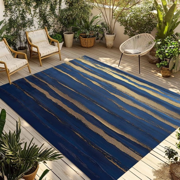 Fsddascl Oil Painted Blue Golden Outdoor Rug for Patio/Deck/Porch, Non-Slip Large Area Rug 4 x 6 Ft, Abstract Luxury Modern Indoor Outdoor Rugs Washable Area Rugs, Reversible Camping Rug Carpet