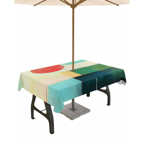 Fsddascl Oil Painted Outdoor Tablecloth - 60x84 Inch Rectangle Dining Table Cover, Abstract Red Sun Geometric Modern Waterproof Outdoor Table Cloth with Umbrella Hole & Zipper for Picnic/Patio/Party