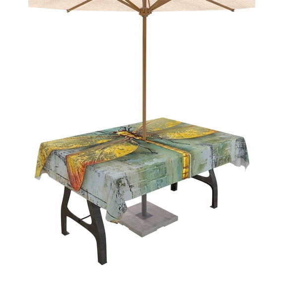 Fsddascl Ombre Dragonfly Outdoor Tablecloth - 52x70 Inch Rectangle Dining Table Cover, Vintage Abstract Oil Painting Waterproof Outdoor Table Cloth with Umbrella Hole & Zipper for Picnic/Patio/Party