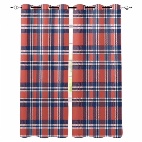 Fsddascl Orange Blue Blackout Curtains for Bedroom/Living Room, Thermal Insulated Kitchen Curtains, British Style Buffalo Plaid Lattice Grommet Darkening Window Treatment Drapes 27.5"x39"x2