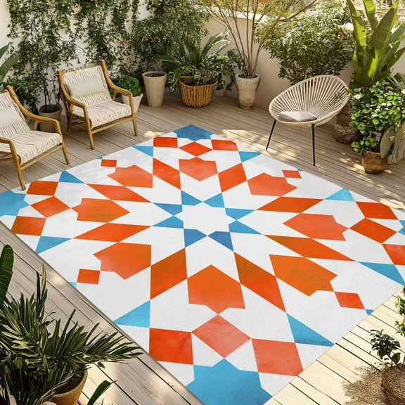 Fsddascl Orange Blue Boho Outdoor Rug for Patio/Deck/Porch, Non-Slip Large Area Rug 4 x 6 Ft, Modern Ethnic Abstract Geometric Indoor Outdoor Rugs Washable Area Rugs, Reversible Camping Rug Carpet