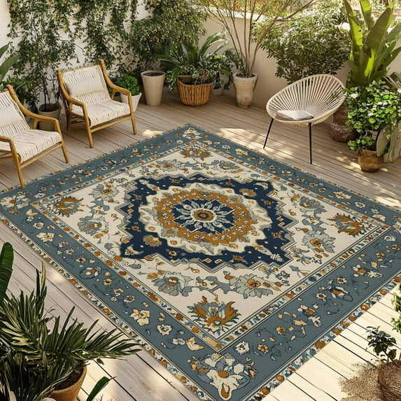 Fsddascl Orange Blue Boho Outdoor Rug for Patio/Deck/Porch, Non-Slip Large Area Rug 5 x 8 Ft, Vintage Southwestern Geometric Ethnic Indoor Outdoor Rugs Washable Area Rugs, Camping Rug Carpet