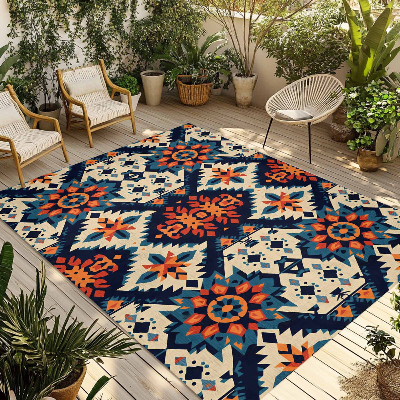 Fsddascl Orange Blue Boho Outdoor Rug for Patio/Deck/Porch, Non-Slip ...