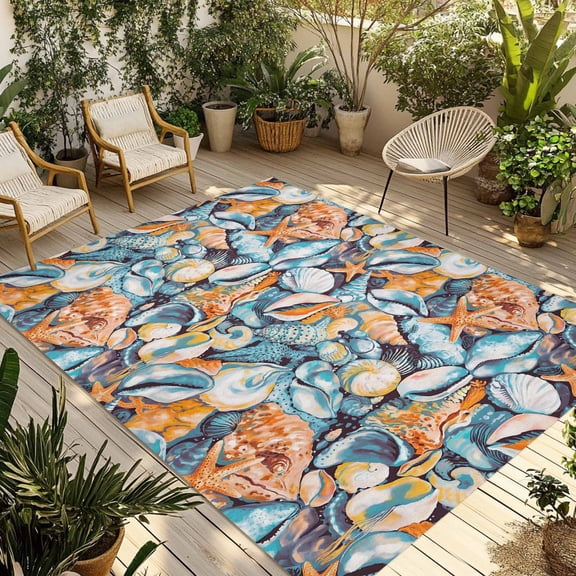 Fsddascl Orange Blue Coastal Outdoor Rug for Patio/Deck/Porch, Non-Slip Large Area Rug 4 x 6 Ft, Summer Ocean Shell Conch Retro Indoor Outdoor Rugs Washable Area Rugs, Reversible Camping Rug Carpet