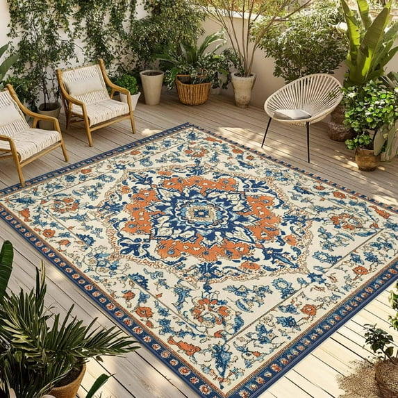 Fsddascl Orange Blue Ethnic Rustic Outdoor Rug for Patio/Deck/Porch, Non-Slip Large Area Rug 5 x 8 Ft, Boho Southwestern Heritage Indoor Outdoor Rugs Washable Area Rugs, Camping Rug Carpet