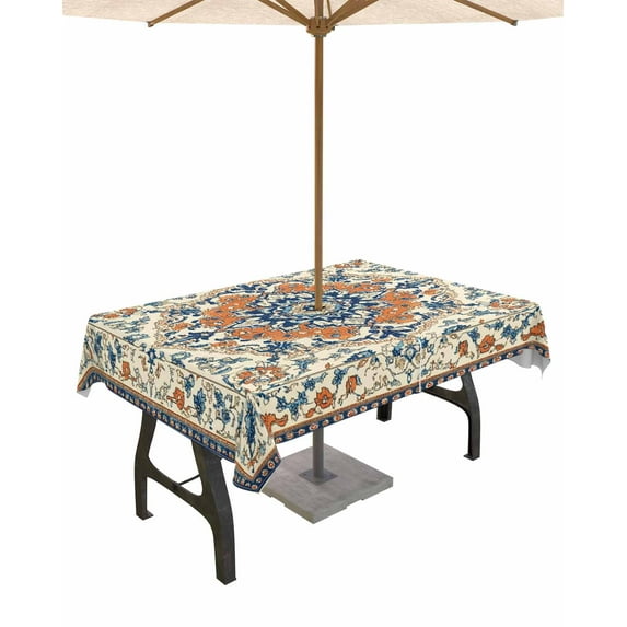 Fsddascl Orange Blue Ethnic Rustic Outdoor Tablecloth - 60x102 Inch Rectangle Dining Table Cover, Boho Southwestern Heritage Waterproof Outdoor Table Cloth with Umbrella Hole & Zipper for Patio