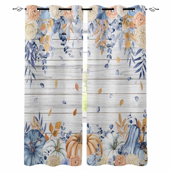 Fsddascl Orange Blue Fall Blackout Curtains for Bedroom/Living Room, Thermal Insulated Kitchen Curtains, Thanksgiving Floral Botanical Vintage Grommet Darkening Window Treatment Drapes 27.5"x39"x2