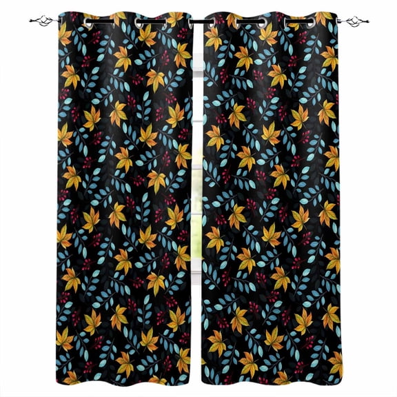Fsddascl Orange Blue Leaves Blackout Curtains for Bedroom/Living Room, Thermal Insulated Kitchen Curtains, Fall Watercolor Botanical Grommet Darkening Window Treatment Drapes 27.5"x39"x2