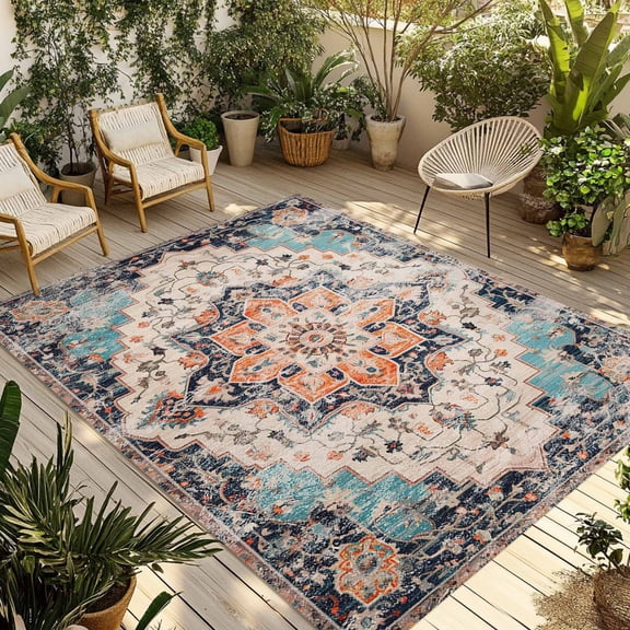 Fsddascl Orange Blue Outdoor Rug for Patio/Deck, Non-Slip Large Area Rug 4 x 6 Ft, Boho Geometric Middle Century Abstract Western Indoor Outdoor Rugs Washable Area Rugs, Camping Rug Carpet