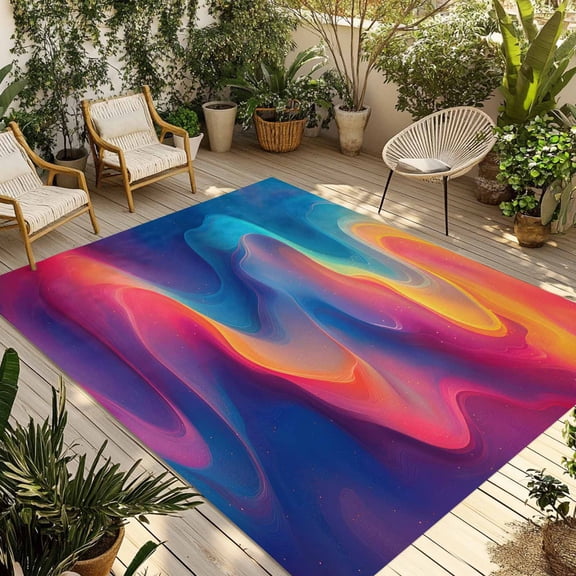 Fsddascl Orange Blue Pink Outdoor Rug for Patio/Deck/Porch, Non-Slip Large Area Rug 4 x 6 Ft, Modernism Water Ripple Moire Indoor Outdoor Rugs Washable Area Rugs, Reversible Camping Rug Carpet