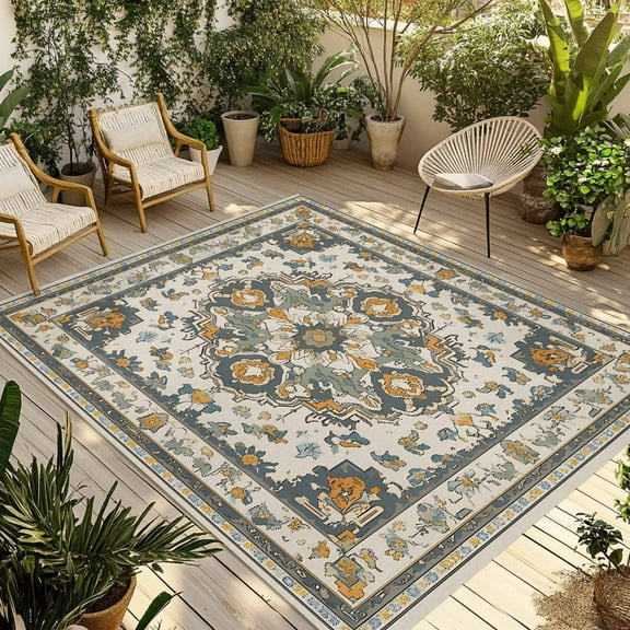 Fsddascl Orange Boho Outdoor Rug for Patio/Deck/Porch, Non-Slip Large Area Rug 4 x 6 Ft, Southwestern Geometric Vintage Ethnic Indoor Outdoor Rugs Washable Area Rugs, Reversible Camping Rug Carpet