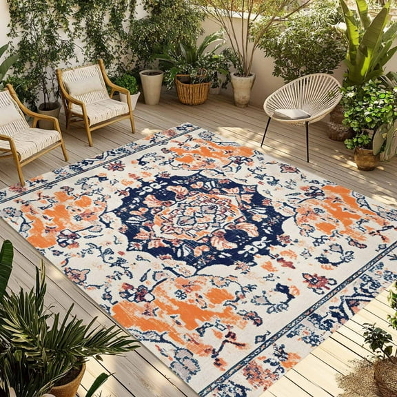 Fsddascl Orange Boho Outdoor Rug for Patio/Deck/Porch, Non-Slip Large Area Rug 4 x 6 Ft, Vintage Abstract Art Ethnic Tribe Indoor Outdoor Rugs Washable Area Rugs, Reversible Camping Rug Carpet