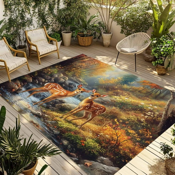 Fsddascl Orange Cute Deer Outdoor Rug for Patio/Deck/Porch, Non-Slip Large Area Rug 5 x 8 Ft, Vintage Forest River Elk Indoor Outdoor Rugs Washable Area Rugs, Reversible Camping Rug Carpet Runner