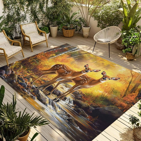 Fsddascl Orange Deer Outdoor Rug for Patio/Deck/Porch, Non-Slip Large Area Rug 5 x 8 Ft, Autumn Forest Elk River Indoor Outdoor Rugs Washable Area Rugs, Reversible Camping Rug Carpet Runner