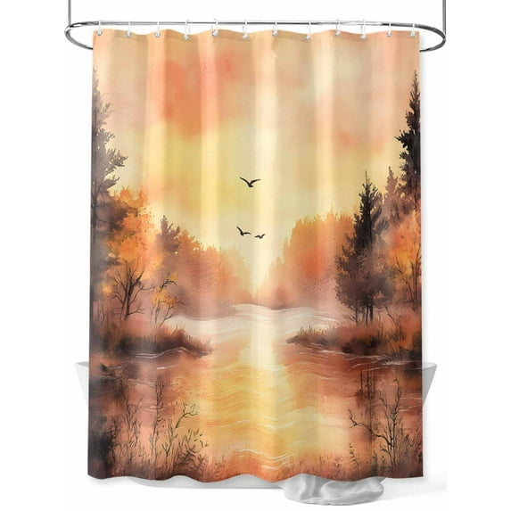 Fsddascl Orange Forest Shower Curtain Set - 48" x 72" Washable Bathtub Curtain with 12 Hooks, Idyllic Watercolor Sunset Nature Scenery Waterproof Fabric Stall Shower Curtains for Bathroom/Bathtub