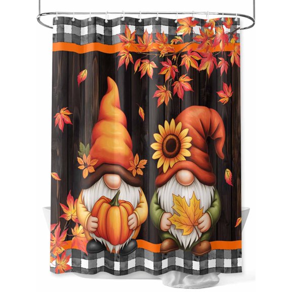 Fsddascl Orange Gnomes Shower Curtain Set - Standard 72" x 72" Washable Bathtub Curtain with 12 Hooks, Pumpkin Sunflower Maple Country Wood Plank Waterproof Fabric Stall Shower Curtains for Bathroom